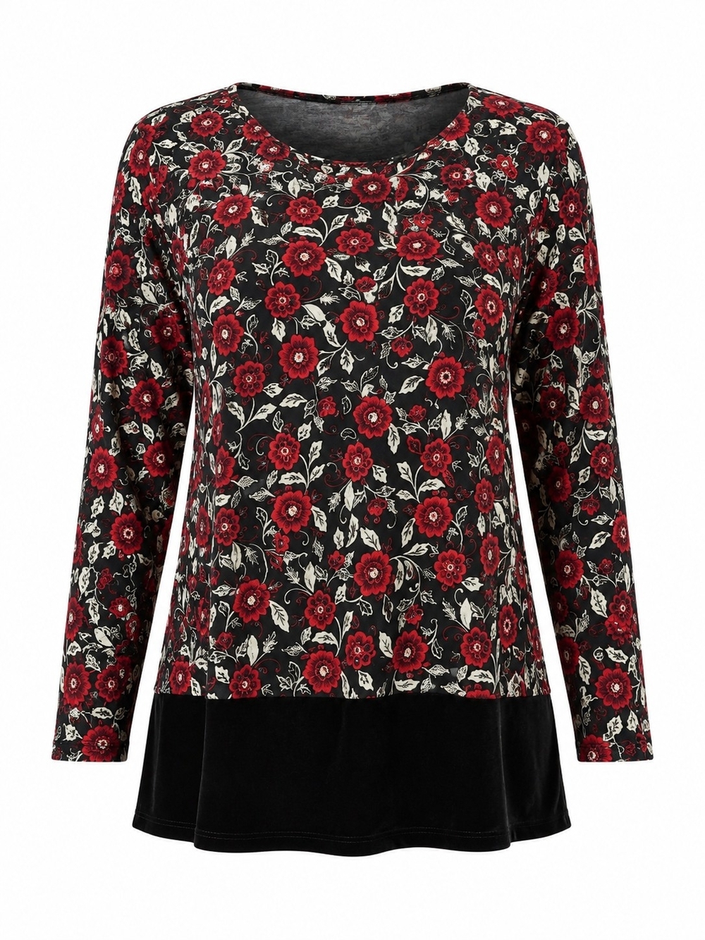 J. JILL WEAREVER COLLECTION | Red Floral Black Velvet Hem Stretch Knit Top | XL